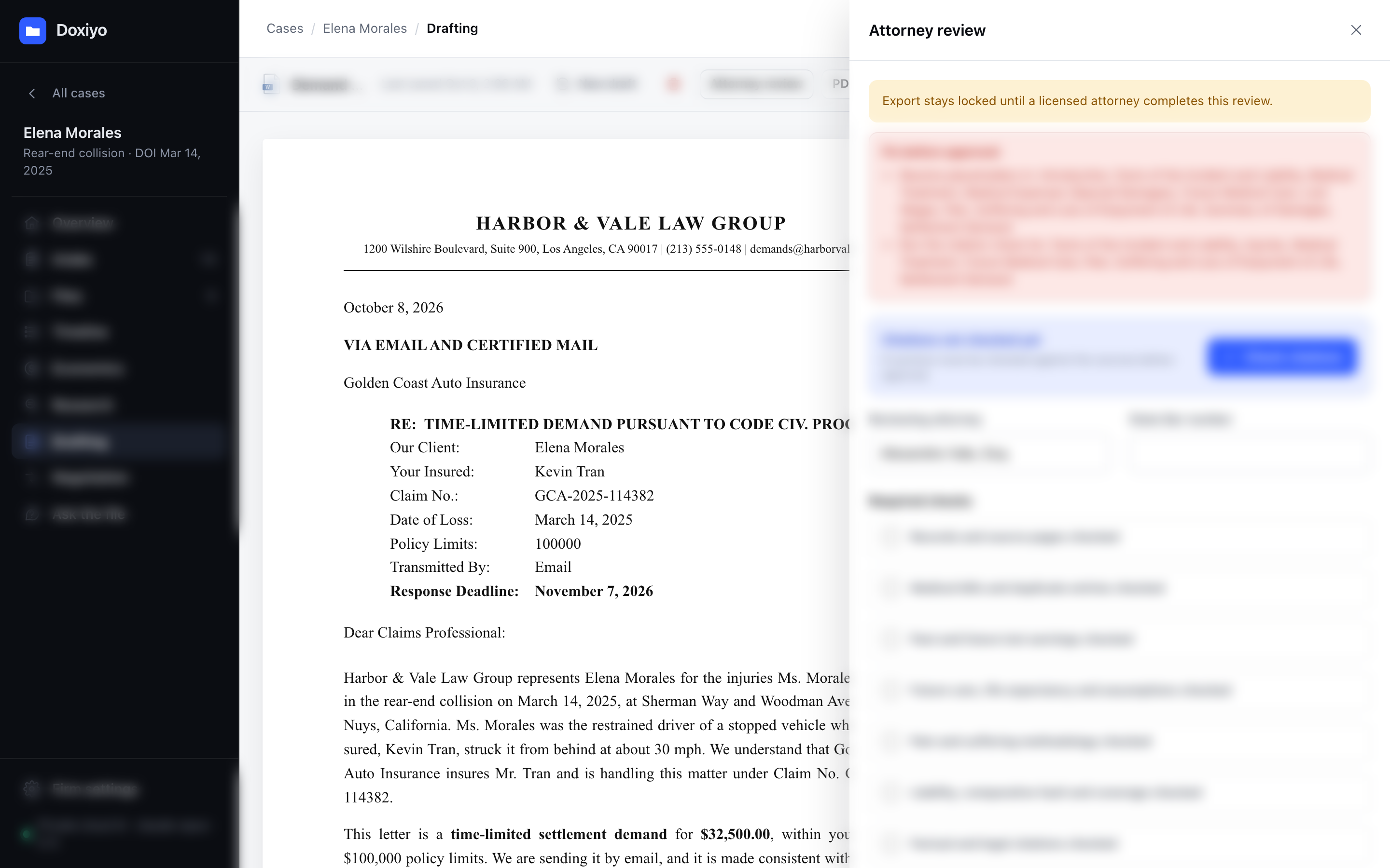 The attorney review over a draft: the export stays locked until the review is complete; the checklist is blurred.