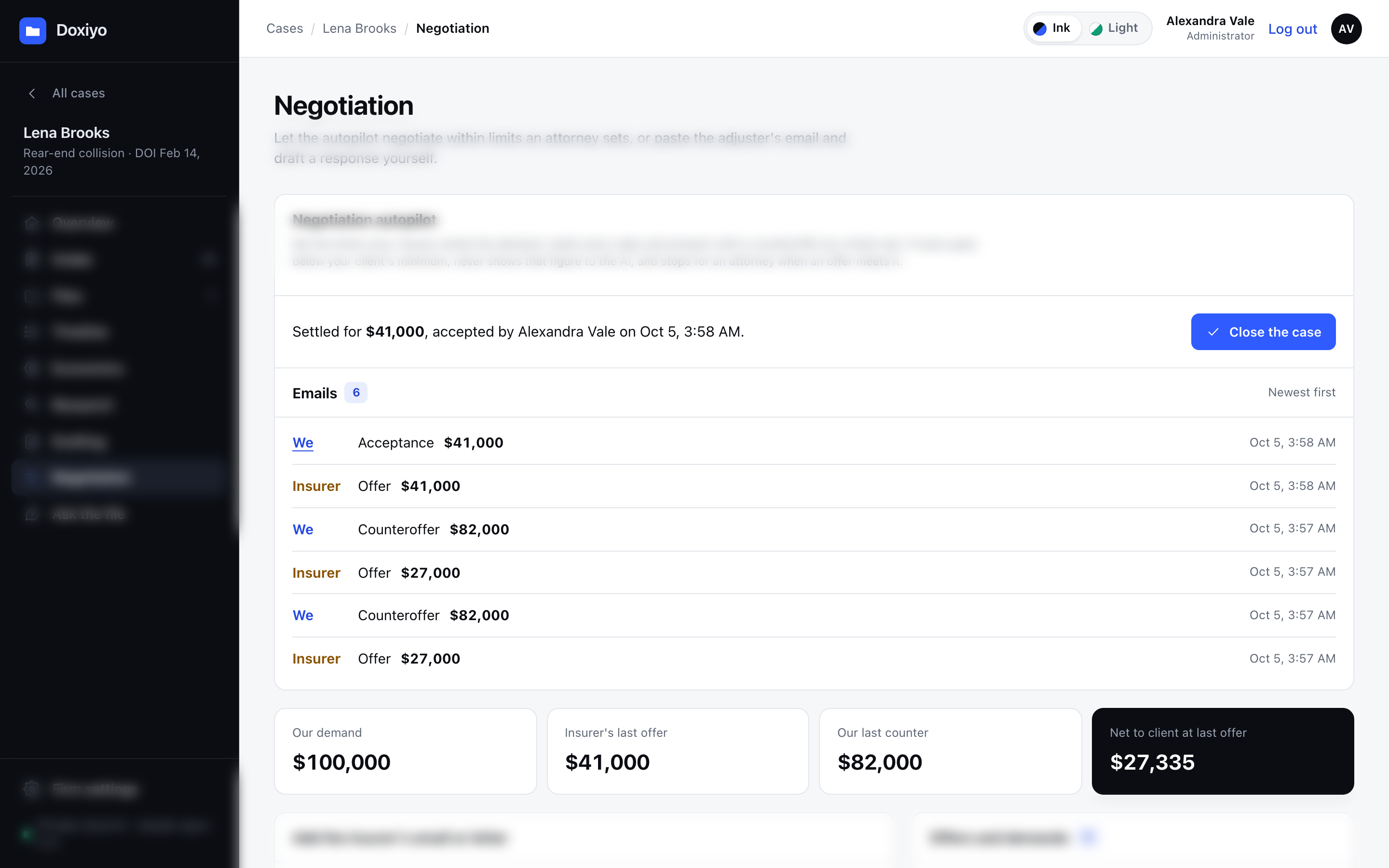 A settled negotiation: the offers and counteroffers by email and the final figures; the tools are blurred.